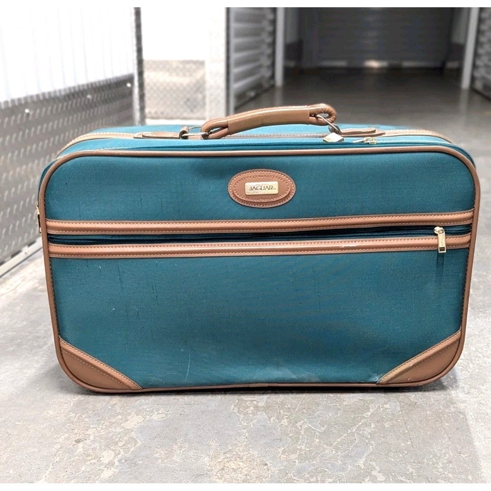 Vintage Jaguar Carry On Suitcase Weekender Travel Bag Green Nylon Brown Trim 21"